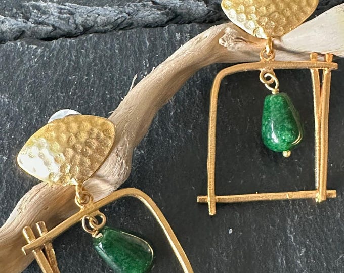 Etruscan style gold-plated earrings with green agates