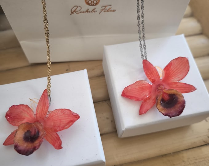 Small red lobster orchid necklace with gold or silver steel chain.