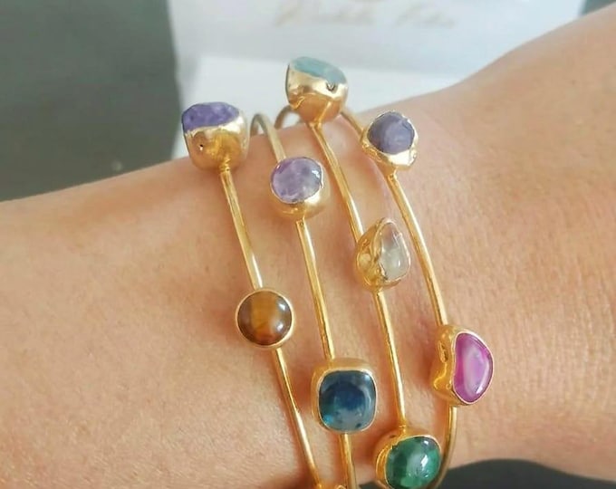 Bracciale Rigido Oro con Agate Naturali Multicolor, Bracciale Cuff Regolabile a Triplo Filo, Gioielli Pietre Colorate, Regalo Donna
