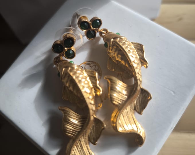 Gold-plated koi fish earrings with natural jade.