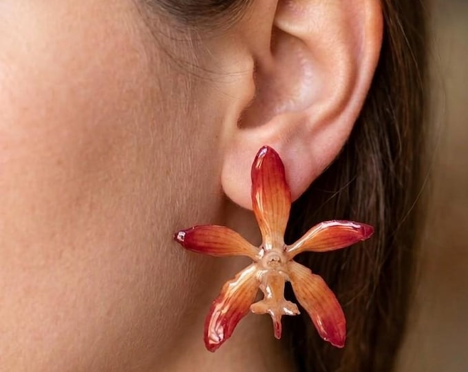 Orecchini Perno Orchidea Vera Arancio e Panna Resina, Gioielli Eleganti Fiori Veri Argento, Orecchini Lobo, Regalo Donna Fatto a Mano