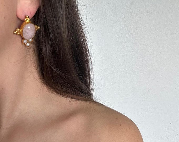 antique style gold on bronze stud earrings with rose quartz and pearls.