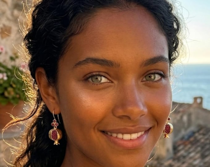 Pomegranate Earrings in Etruscan Gold and Garnets, Italian Handmade Jewelry, Gift for Her, Dangle Earrings, Symbol - Byzantine Style