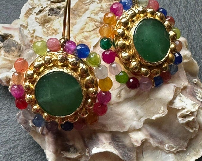 Gold on bronze earrings, mixed natural stones, antique style