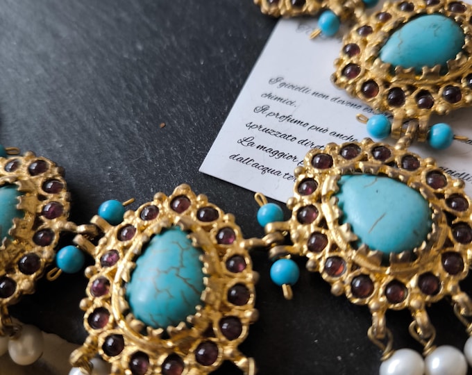 Stunning Etruscan/Byzantine style necklace in gold on bronze and finished with turquoise pearls and brown quartz.