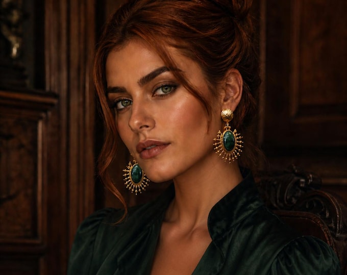 English Style Drop Earrings with Green Jade Stones - Timeless Handmade Gift -
