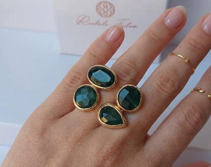 Anello Giada Verde e Bronzo Dorato | Anello Regolabile Pietre Naturali | Gioiello Artigianale Fatto a Mano | Regalo Donna Unico