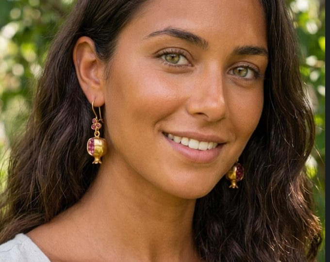 Pomegranate design earrings in gold plated and light red garnets - handmade gift - lucky charm -