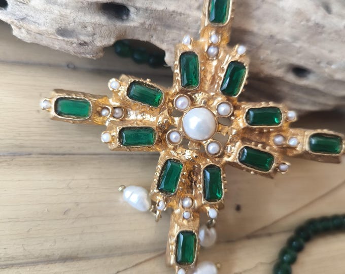 Long Christian-style gold cross necklace with green quartz and natural faceted jade - Unique jewelry gift for her