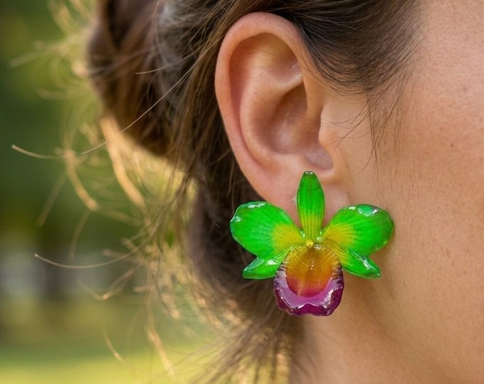 Orecchini Perno Orchidea Vera Verde e Viola Resina, Gioielli Fiori Veri Argento, Orecchini Lobo Regalo Donna Particolari Unici