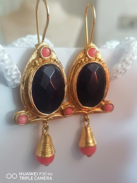 Etruscan Inspired Gold Bronze Earrings with Amethyst and Pink Coral - Antique Style Handcrafted Jewelry
