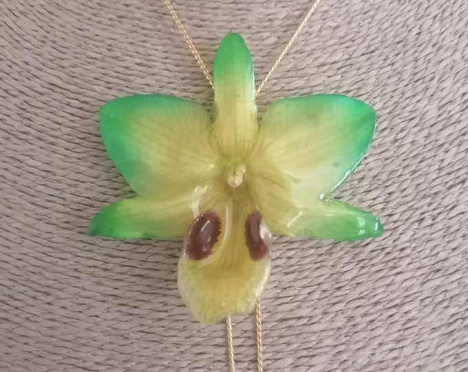 Green/yellow hybrid orchid necklace with gold on bronze droplets