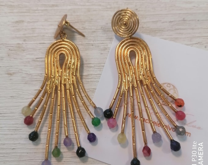 Matte Gold Bronze Earrings with Mix of Colorful Gemstones - Handmade Jewelry for Women