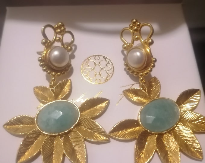 Matte gold leaf earrings on bronze and finished with pearls and faceted topazes