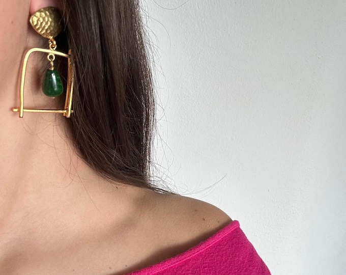 Etruscan style gold-plated earrings with green agates