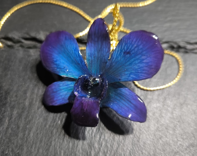 Spettacolare orchidea Dendrobium blu petrolio inglobata in resina e rifinita con saliscendi in oro in galvanica su bronzo regolabile.