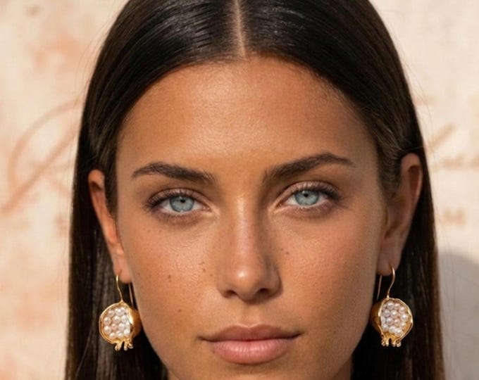 Byzantine-style pomegranate drop earrings in 24K gold with natural pearls. Handmade jewelry - a gift for her -