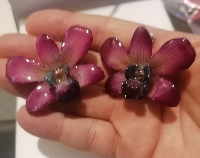 Purple orchid ear studs with blue reflections embedded in resin with silver hooks