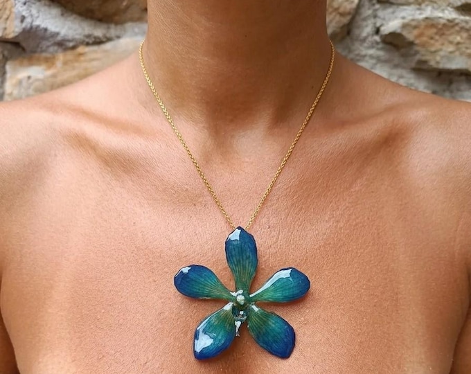 Collana Orchidea Mokara Azzurra Vera, Pendente in Resina, Catenina  Oro su Bronzo, Gioiello Botanico Artigianale Italiano