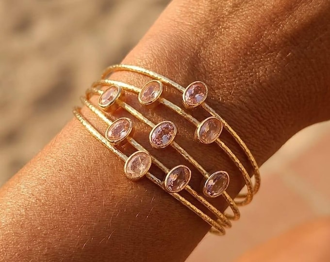 Bracciale Rigido Oro Multifilo Regolabile con Ametista o Quarzo Rosa Naturale, Bangle Cuff 4 Fili con Pietre Sfaccettate Rachele Falvo