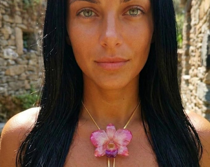 Collana Orchidea Rosa Vera in Resina, Pendente Fiore Naturale, Gioiello Botanico Saliscendi Regolabile, Anallergica Regalo Unico per Lei