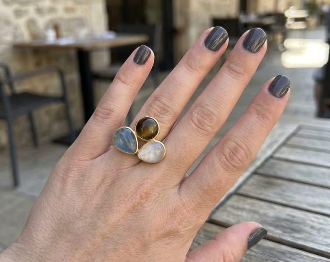 Anello Regolabile Bronzo Oro Quarzo Rosa Quarzite Bianca Agata Marrone, Scultoreo Multi Pietre, Regalo Lusso Rachele Falvo Gioielli d'Arte