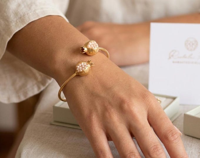 Pomegranate bangle in galvanized gold and natural pearls - a lucky charm for her - a symbol of prosperity - Byzantine style -