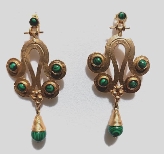 Matte gold earrings with natural green malachite stones, ancient art