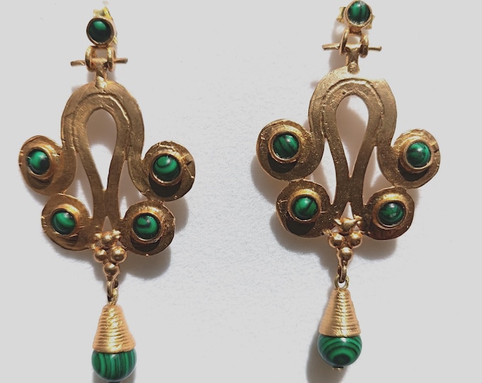 Matte gold earrings with natural green malachite stones, ancient art