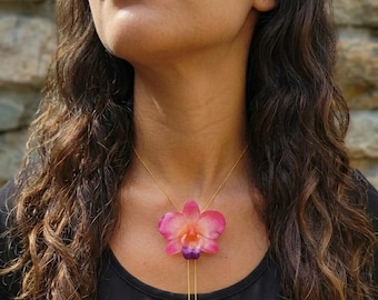 Real Pink Orchid Necklace, Real Resin Flower Pendant, Adjustable Gold and Bronze Drop Necklace, Botanical Jewelry, Gift for Her
