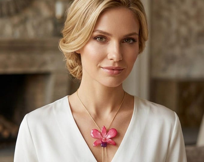 Collana Saliscendi Orchidea Rosso Aragosta in Resina -Fiore Vero Regolabile - Collana Botanica Oro su Bronzo - Regalo Elegante con Scatola