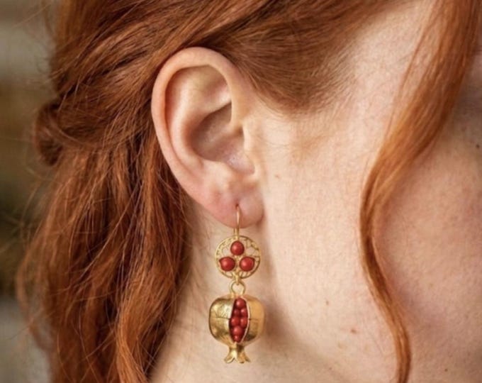 Gold-plated pomegranate drop earrings with natural red coral - handmade gift - lucky charm for abundance - Byzantine style
