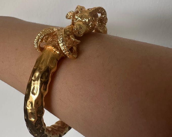 Adjustable plated gold ram head bracelet - mythological - antique jewelry - gift for her - handmade