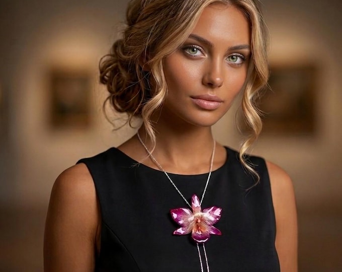 Collana Orchidea Nobile Rosa, Gioiello Botanico Regolabile, Pendente Fiore Vero, Collana Argento Saliscendi, Regalo Raffinato per Lei