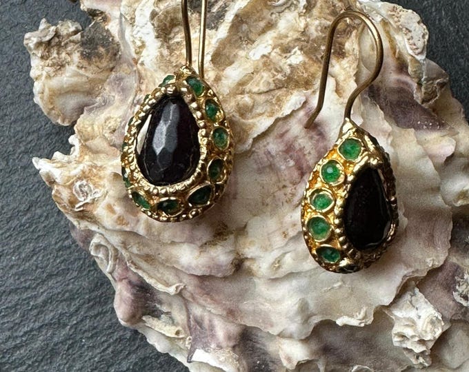 Small handcrafted antique style earrings in matte gold on bronze with green jade and black onyx