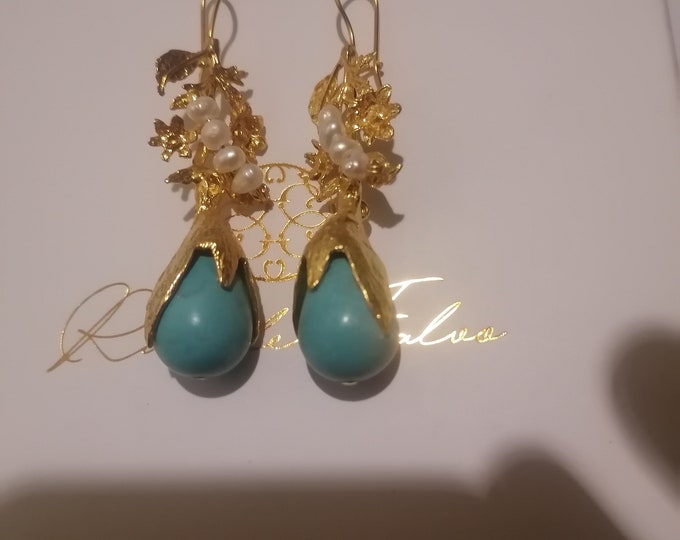Gold on bronze earrings finished with natural turquoise and pearls