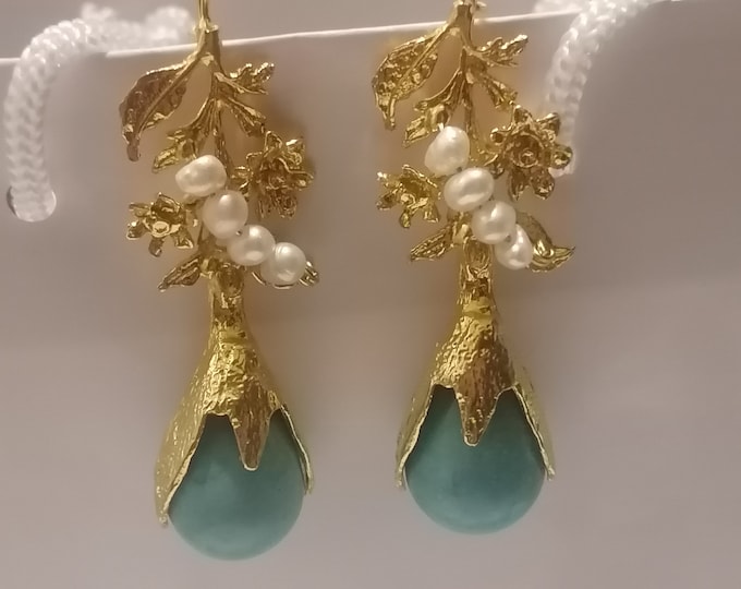 Gold on bronze earrings finished with natural turquoise and pearls