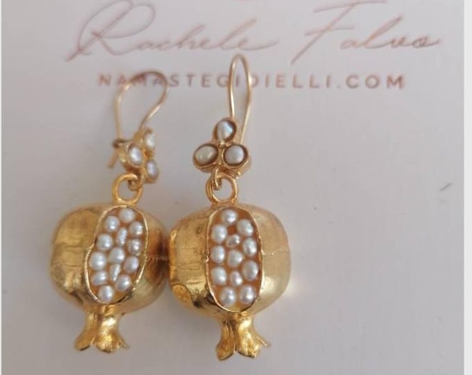 Pair of Pomegranate earrings in Etruscan gold and white pearls - gift for her - lucky charm -