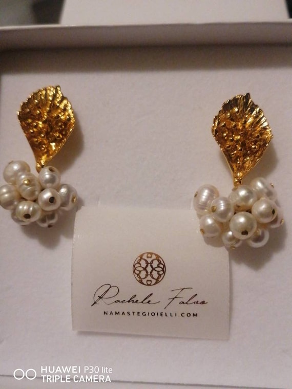 Pair of Etruscan matte gold earrings with cascade of natural pearls