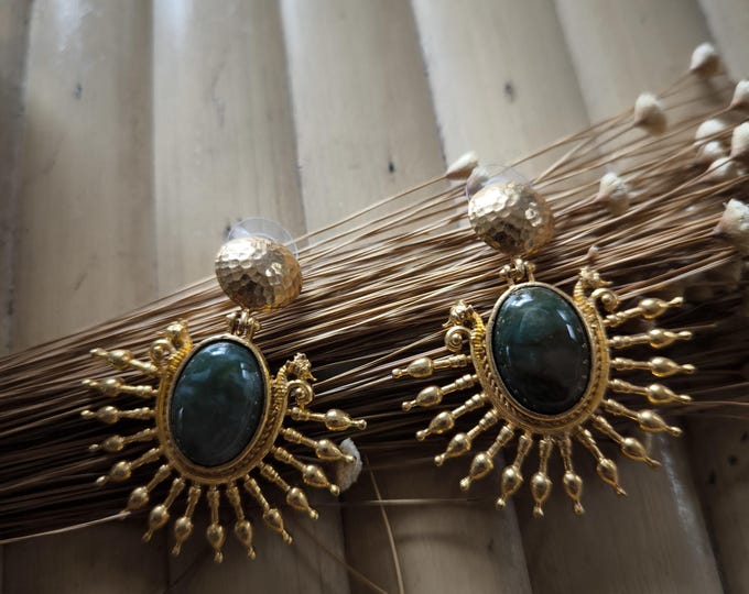 Antique style gold earrings, jade stones