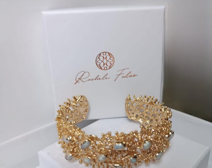 Bracciale Rigido Oro Effetto Corallo Tridimensionale con Madreperla Naturale, Bracciale Cuff Regolabile a Fascia, Gioielli Marini