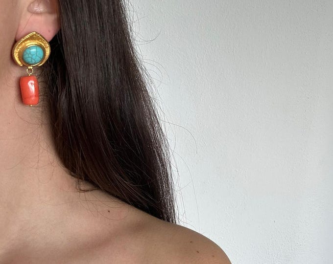Earrings made of gold on bronze with natural turquoise and coral, timeless antique style.