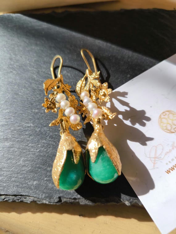 Matte gold on bronze earrings with white pearls and faceted green jades