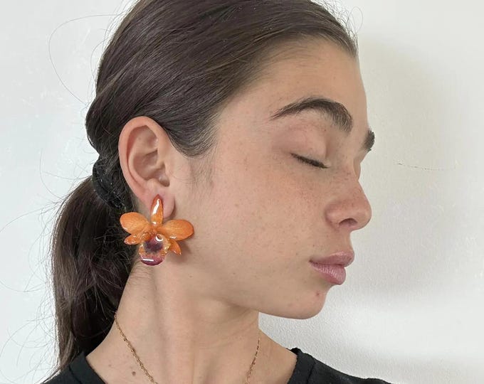 Orecchini Perno Orchidea Vera Arancio e Viola Resina, Gioielli Fiori Veri Argento, Orecchini Lobo 3D Farfalla Regalo Donna Artigianali Unici