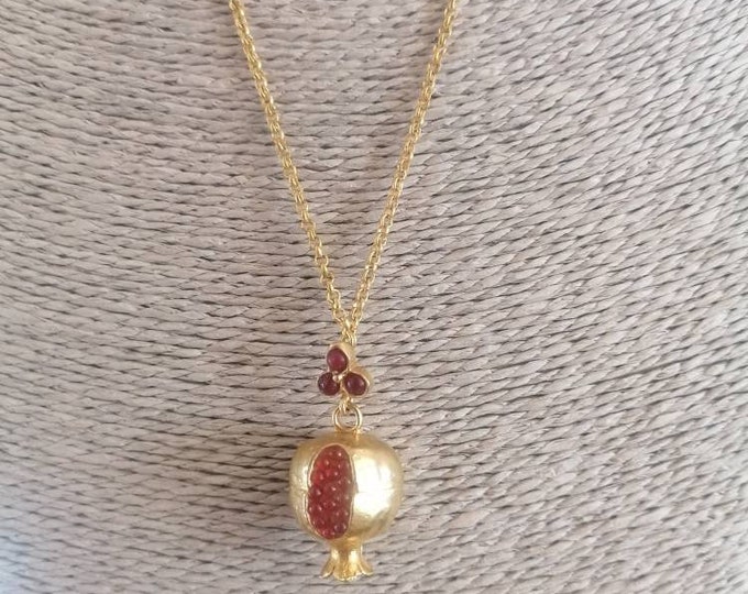 Pomegranate pendant in matt gold on bronze and red pomegranates