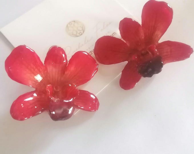 Natural red orchid ear studs embedded in resin with silver hook.
