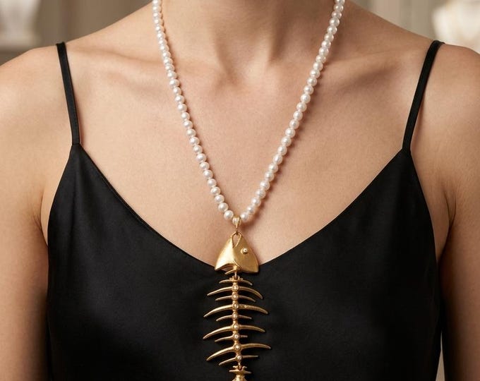 Collana Perle Naturali con Pendente Lisca di Pesce Snodato Oro, Girocollo Elegante Scultoreo Rachele Falvo, Gioielli Marini d'Arte