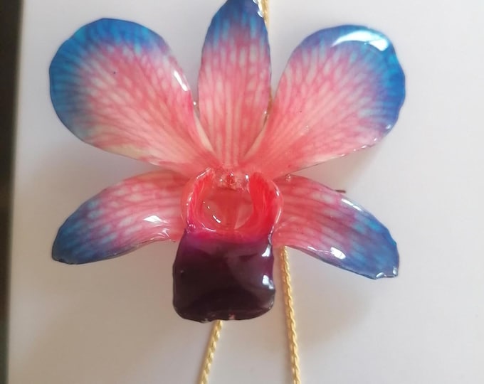 Collana Orchidea Vera Azzurra e Rosa in Resina, Saliscendi Oro su Bronzo Regolabile, Gioiello Botanico, Scatola e Garanzia.