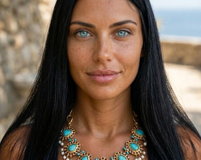 Stunning Etruscan/Byzantine style necklace in gold on bronze and finished with turquoise pearls and brown quartz.