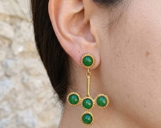 Orecchini Crocetta Stile Etrusco Bizantino Bronzo Oro Pietre Naturali, Pendenti Leggeri Regalo Lusso Rachele Falvo Gioielli d'Arte